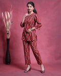Women’s All-Over Floral Printed Nightwear Set with Top and Straight Pants - Red