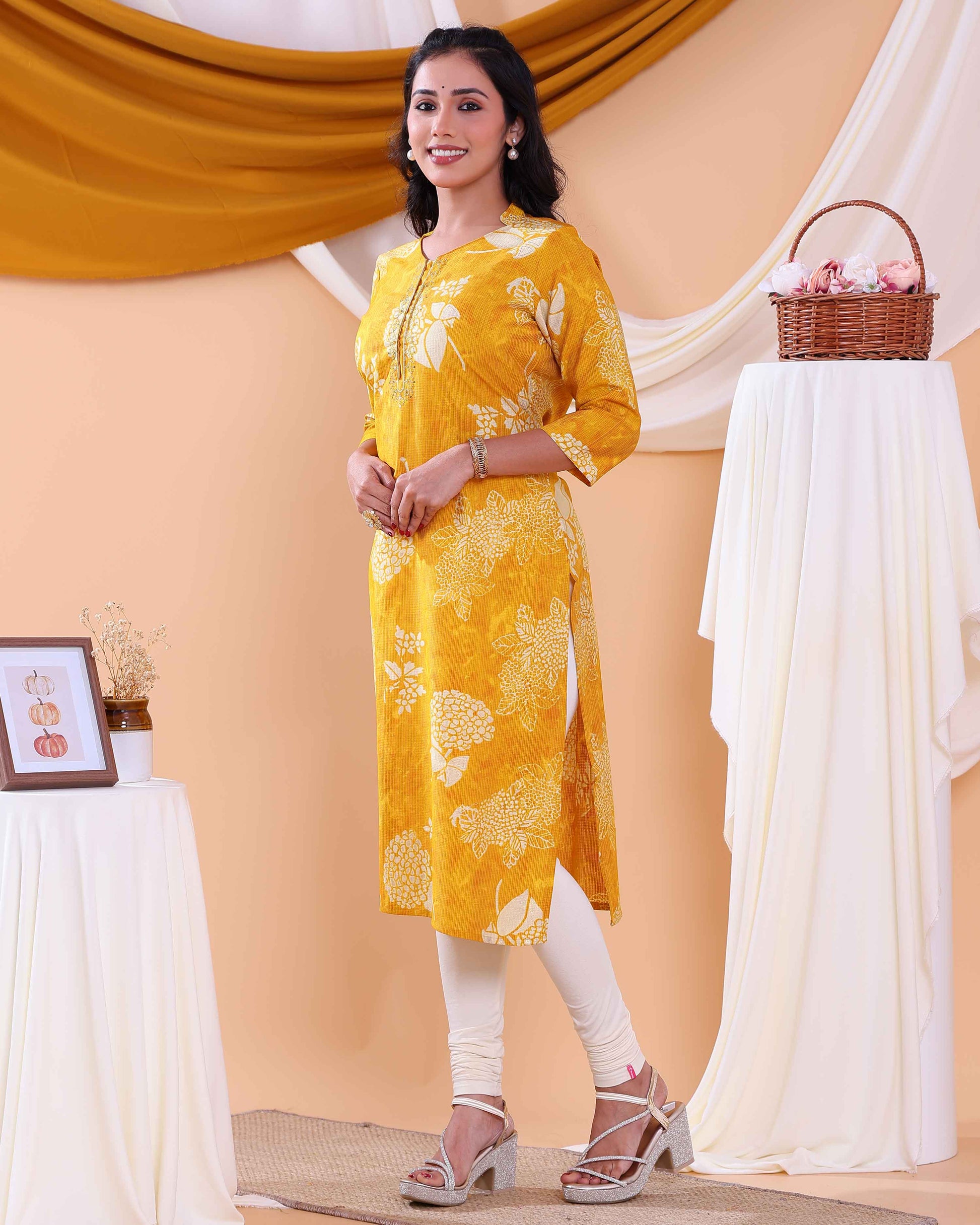 Women's Floral Printed Straight Kurta with 3/4th  Sleeves - Yellow-Side