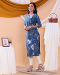 Women's Stylish Floral Printed Straight Kurta with 3/4th  Sleeves - Blue-Back