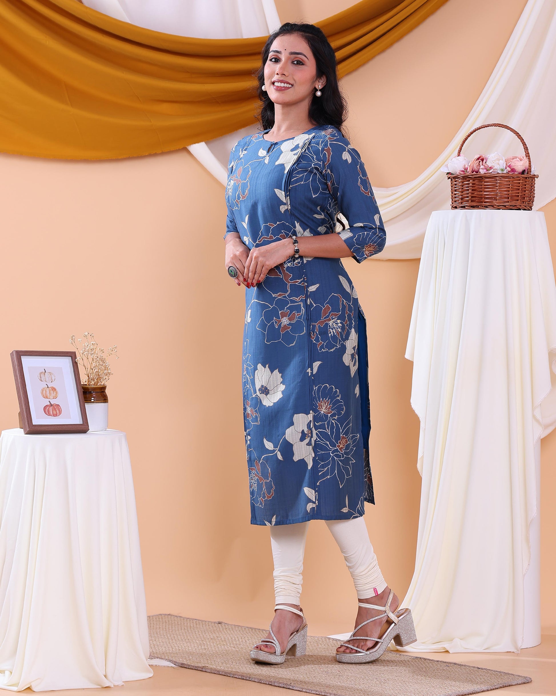 Women's Stylish Floral Printed Straight Kurta with 3/4th  Sleeves - Blue-Back