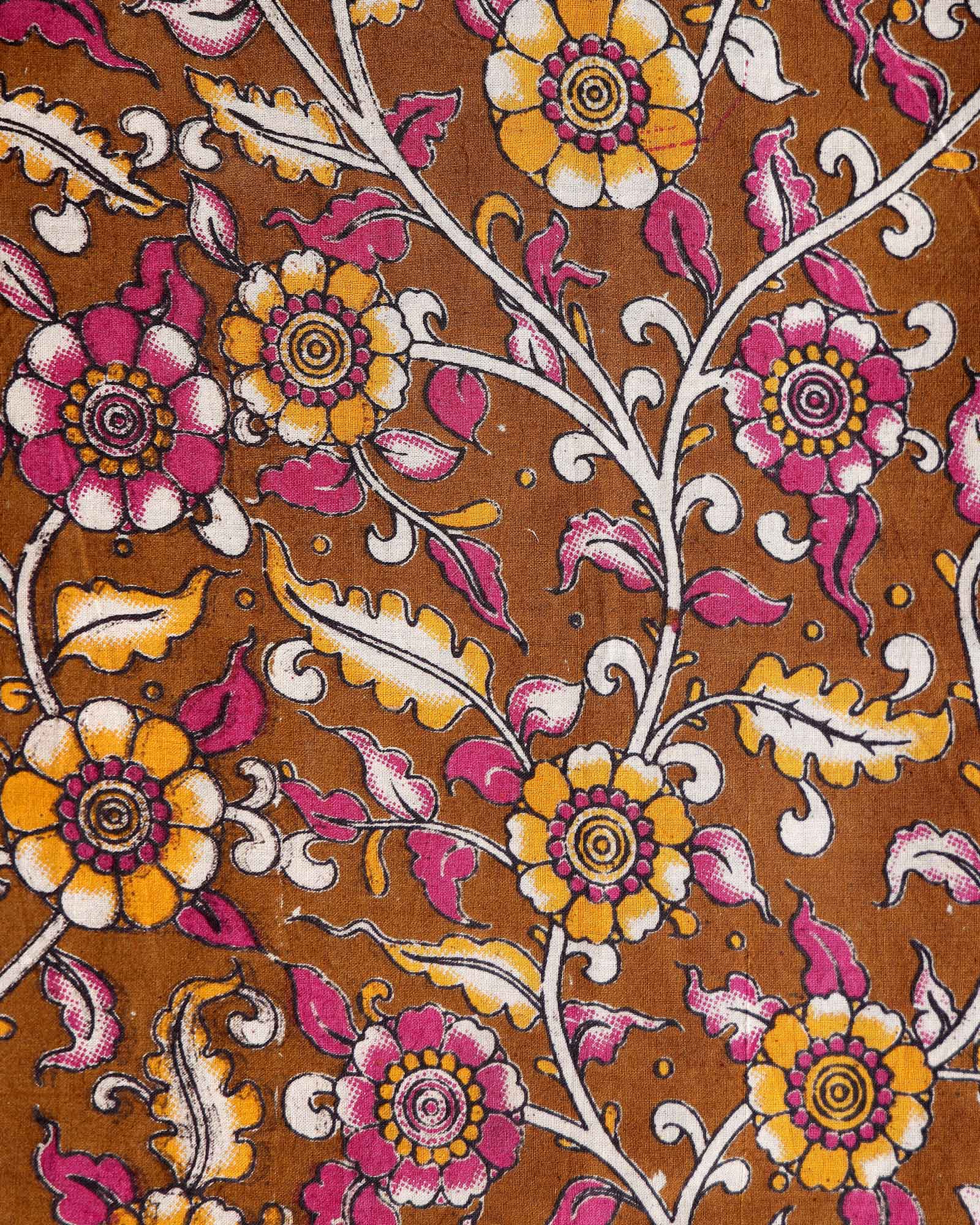 Elegant Floral Printed Women’s 1 Meter Blouse Material with Traditional Art Detailing - Brown