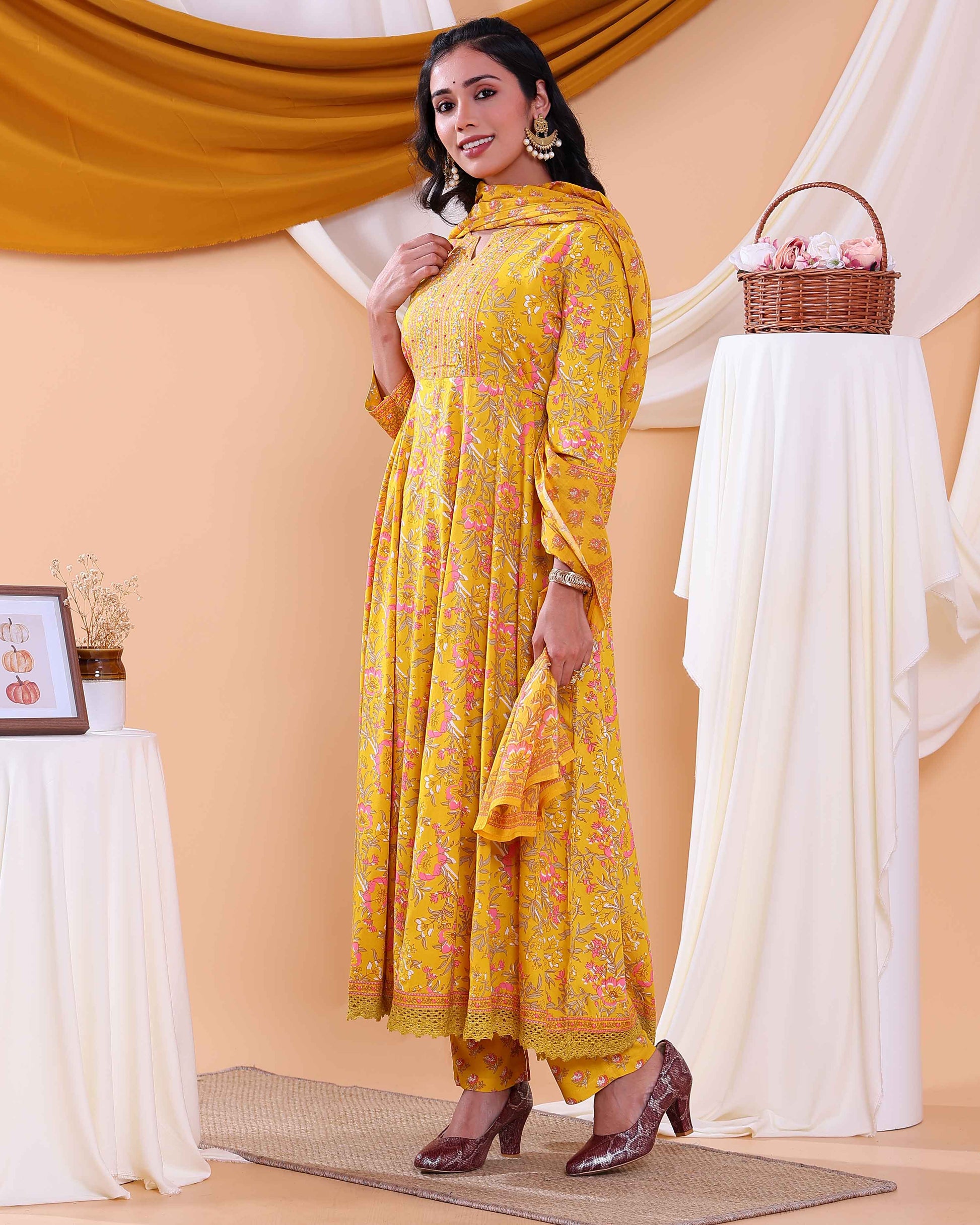 Elegant Floral Printed Women's Readymade Salwar Set with Designer Detailing - Yellow