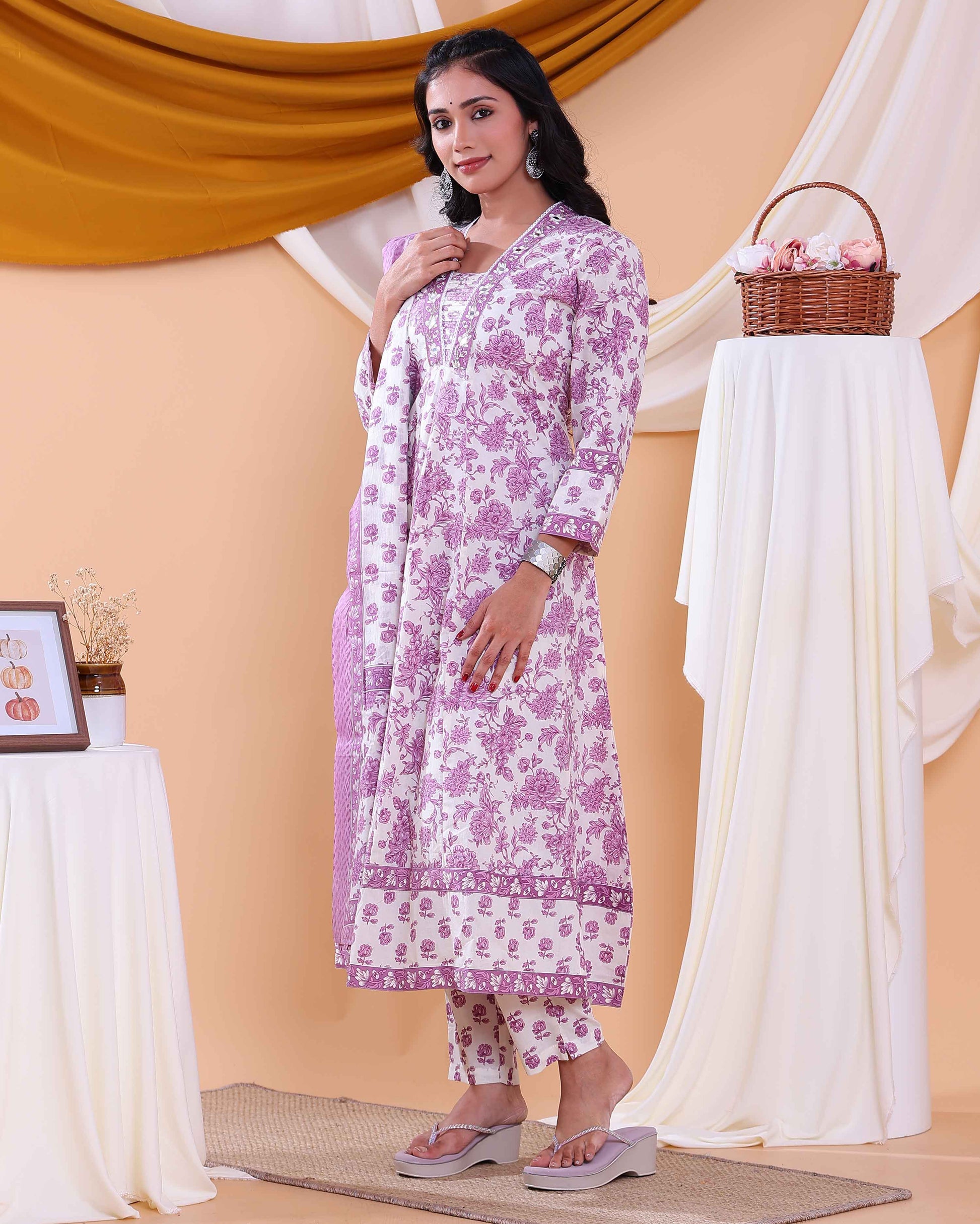 Elegant Floral Printed Women's Readymade Salwar Set with Designer Detailing - Cream
