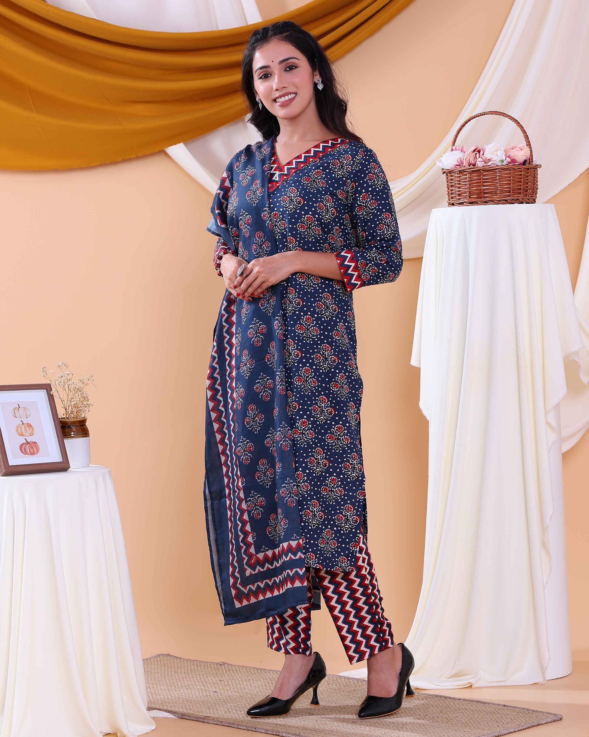 Elegant Floral Printed Women's Readymade Salwar Set with Designer Detailing - Navy Blue