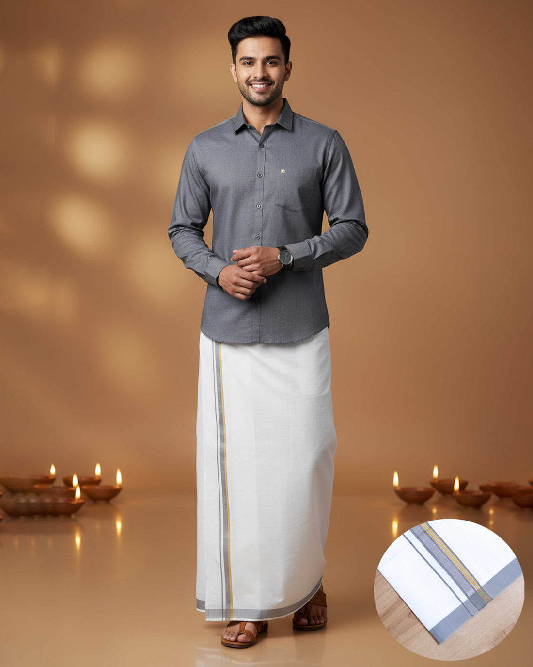 Elegant Men's Ethnic Full Sleeve Shirt & Dhoti Set with Traditional Border - Grey 