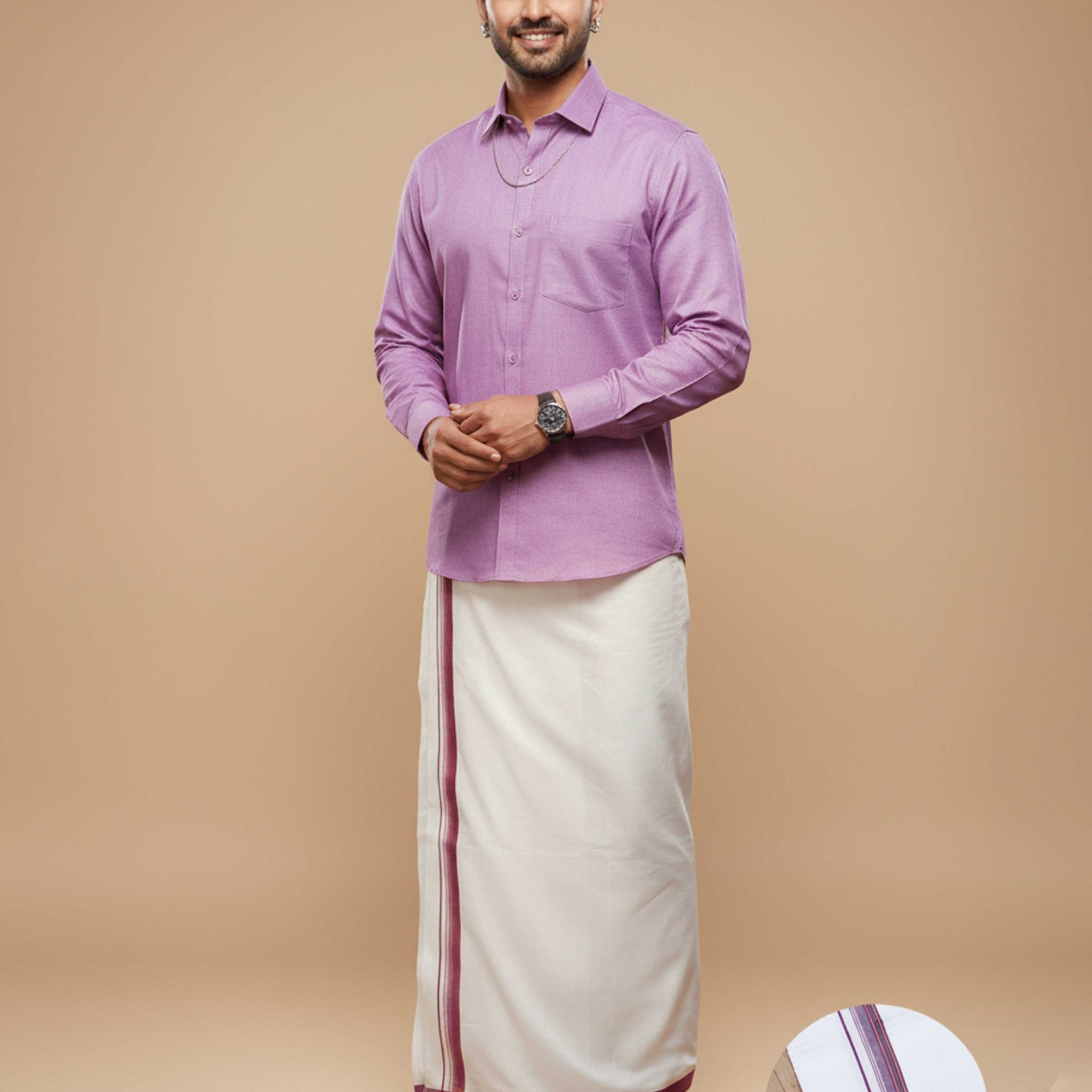Full Sleeve Shirt & Dhoti Set with Traditional Border - Lavender