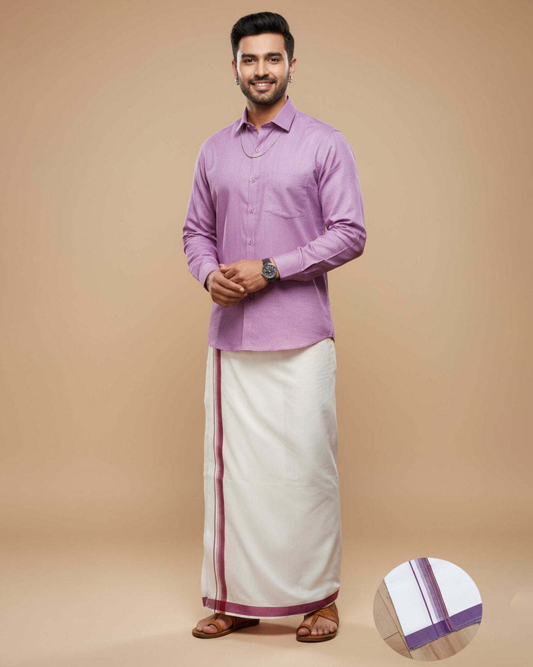 Full Sleeve Shirt & Dhoti Set with Traditional Border - Lavender