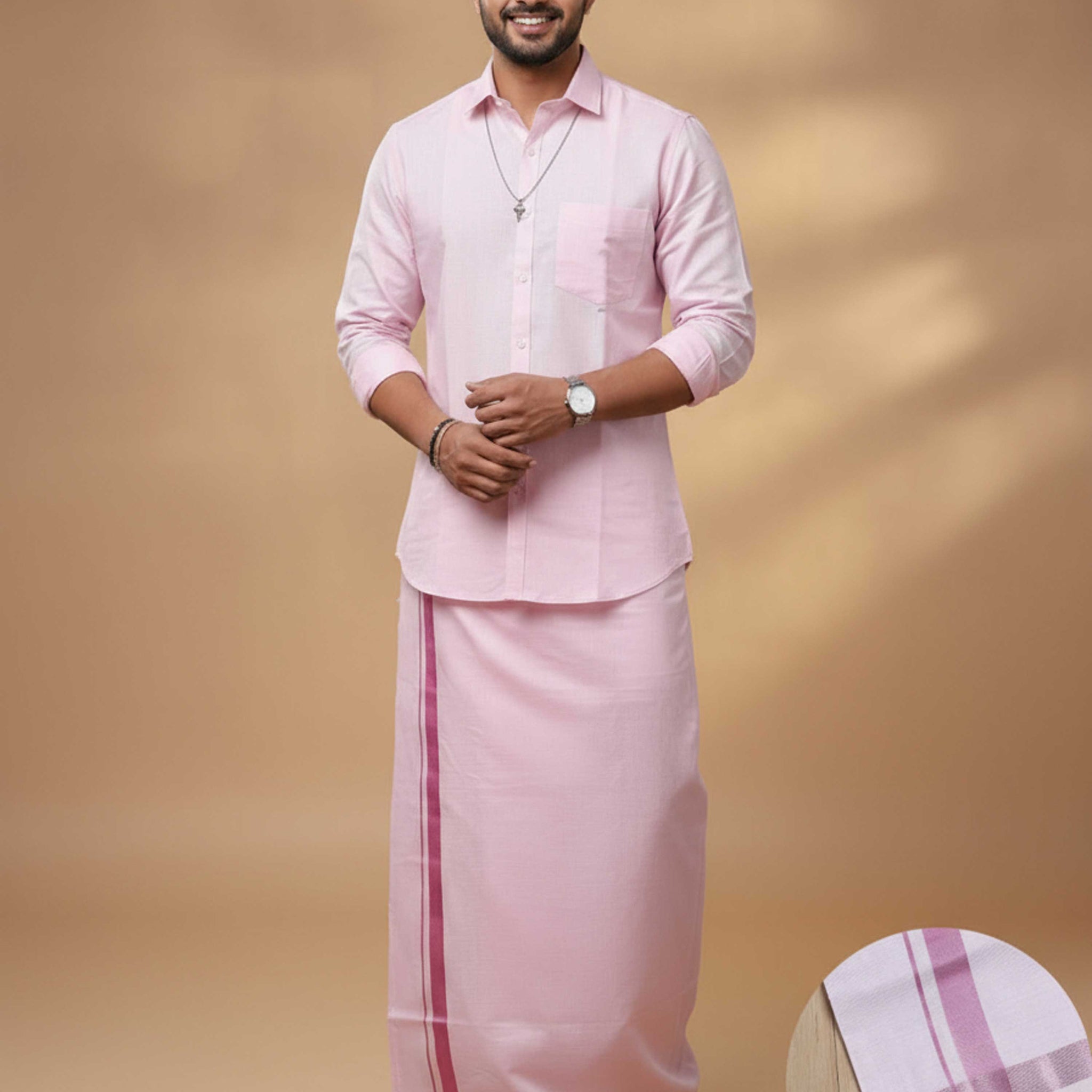 Ethnic Full Sleeve Shirt & Dhoti Set with Traditional Border - Rose Pink