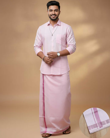 Ethnic Full Sleeve Shirt & Dhoti Set with Traditional Border - Rose Pink
