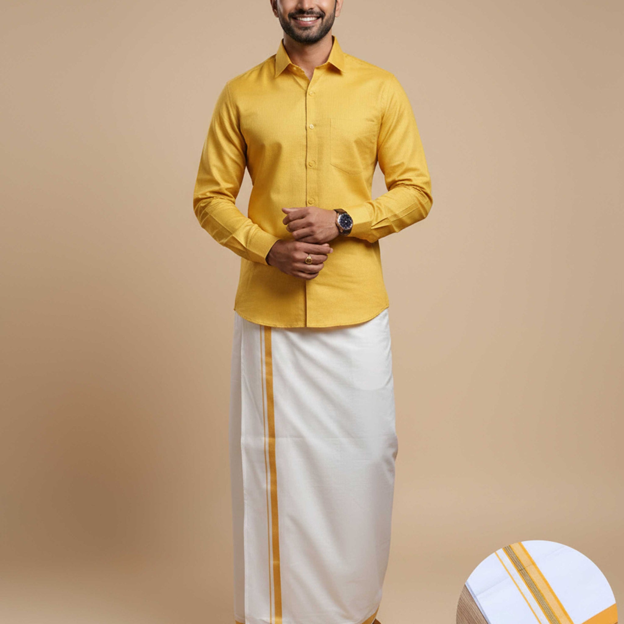  Full Sleeve Shirt & Dhoti Set with Traditional Border - Yellow