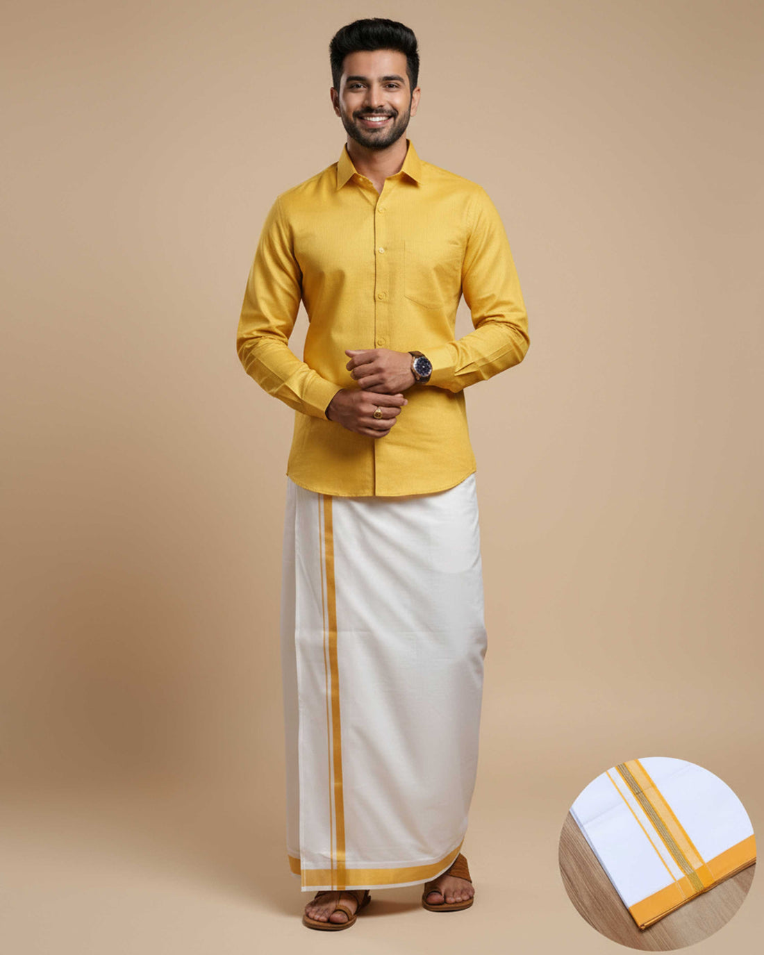  Full Sleeve Shirt & Dhoti Set with Traditional Border - Yellow