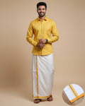  Full Sleeve Shirt & Dhoti Set with Traditional Border - Yellow