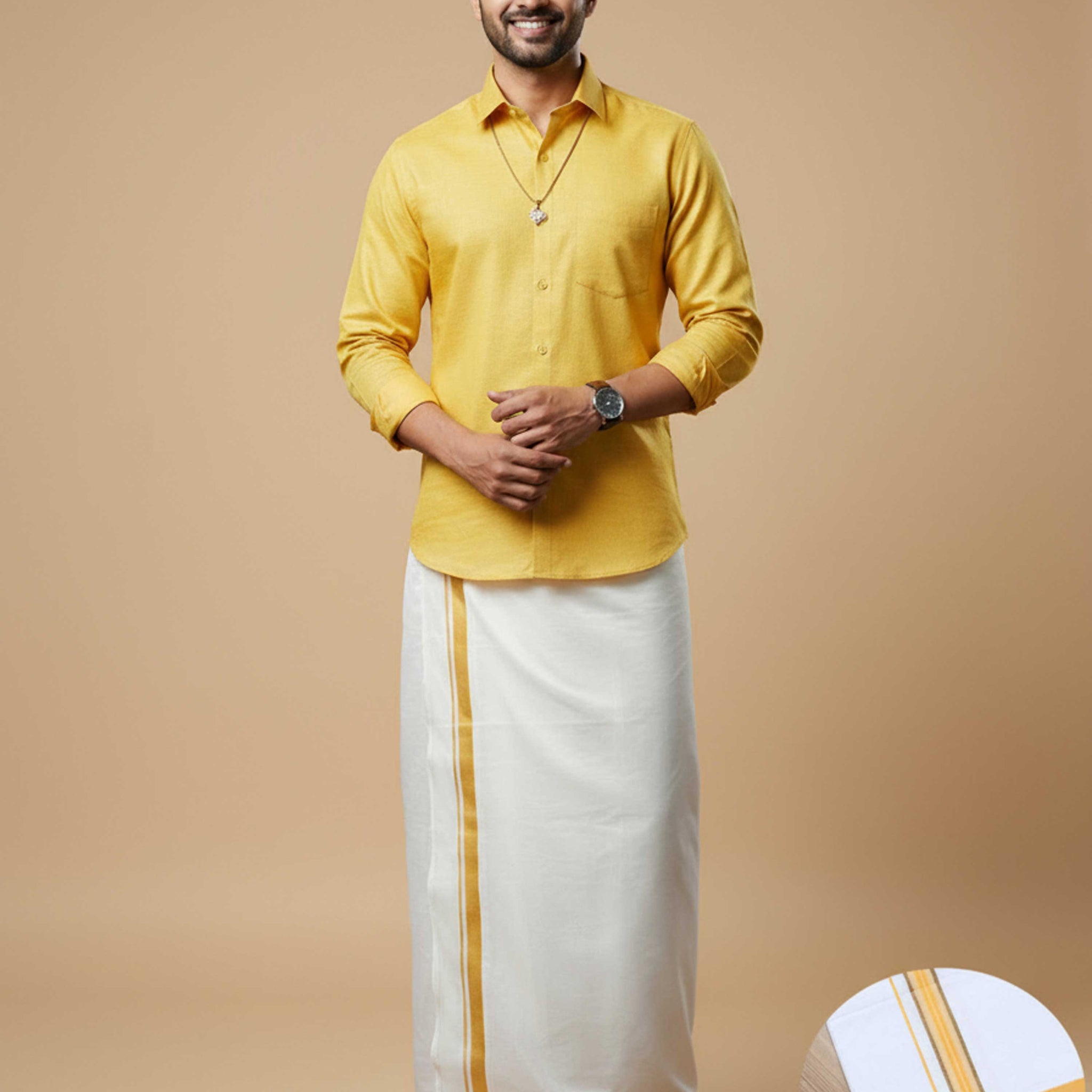  Full Sleeve Shirt & Dhoti Set with Traditional Border - Yellow