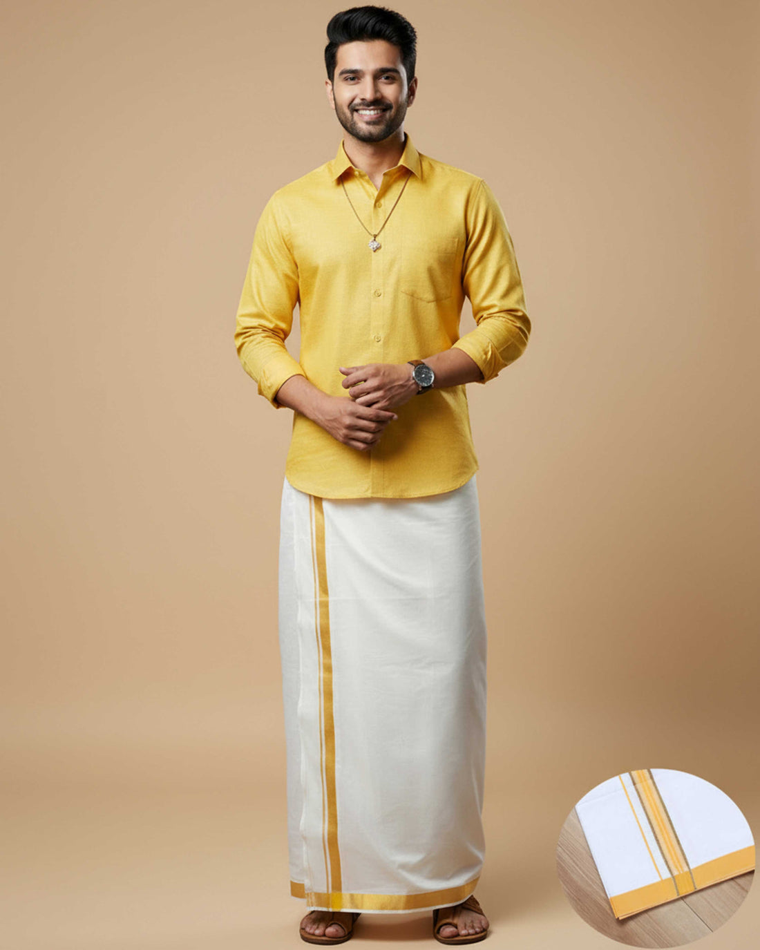  Full Sleeve Shirt & Dhoti Set with Traditional Border - Yellow