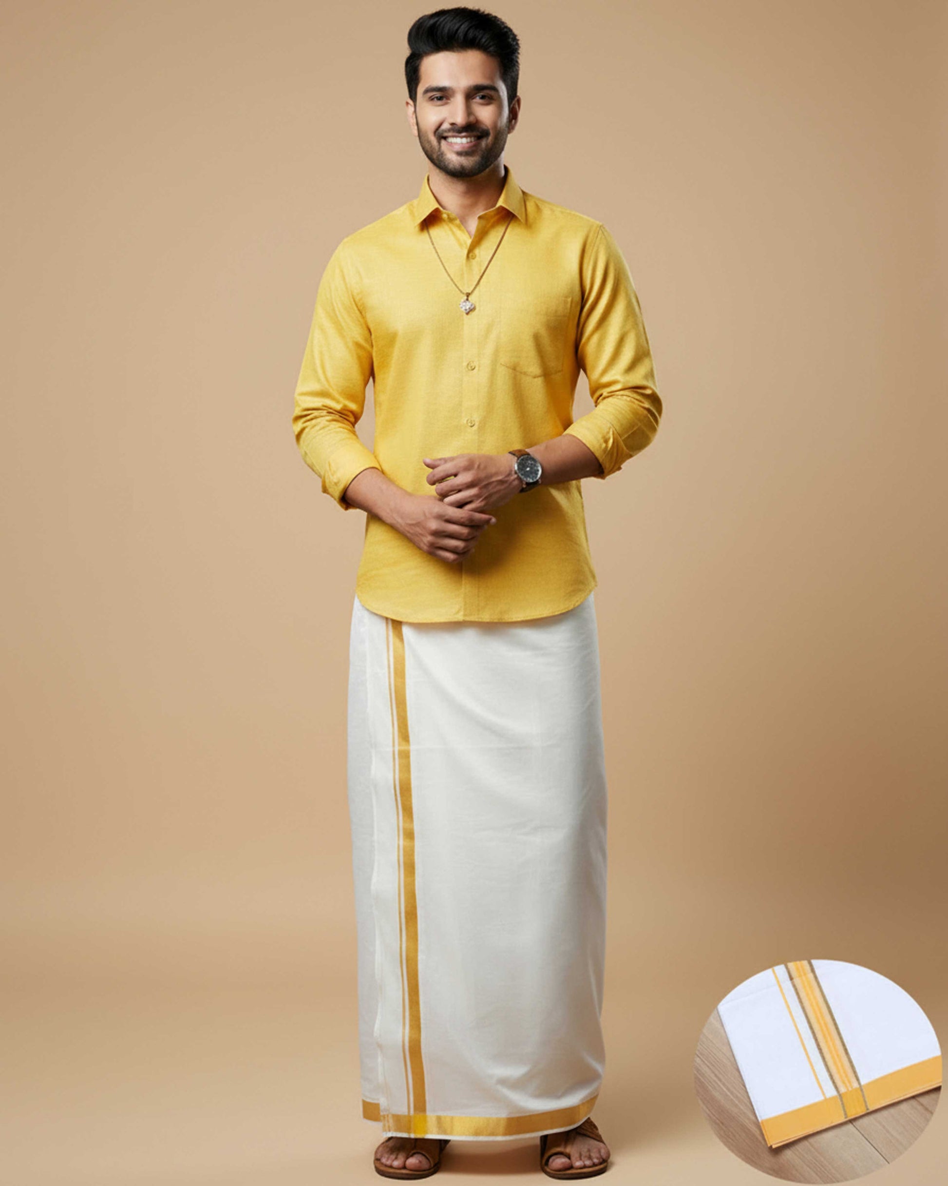  Full Sleeve Shirt & Dhoti Set with Traditional Border - Yellow
