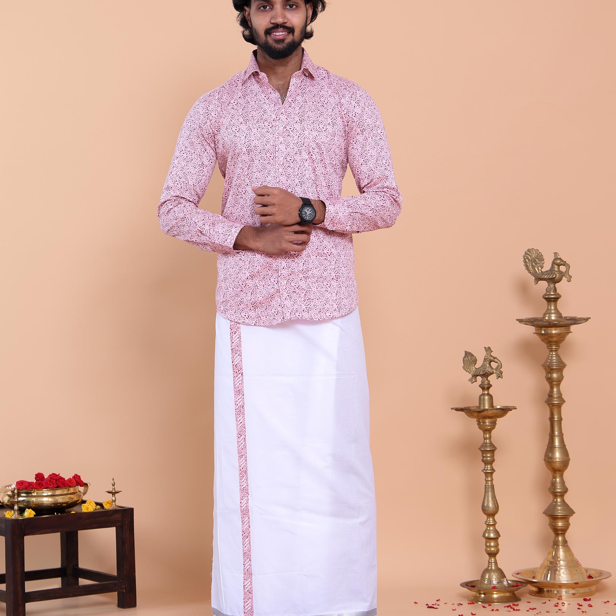 Men's Full Sleeve Shirt and Traditional Dhoti Set with Woven Border - Pink