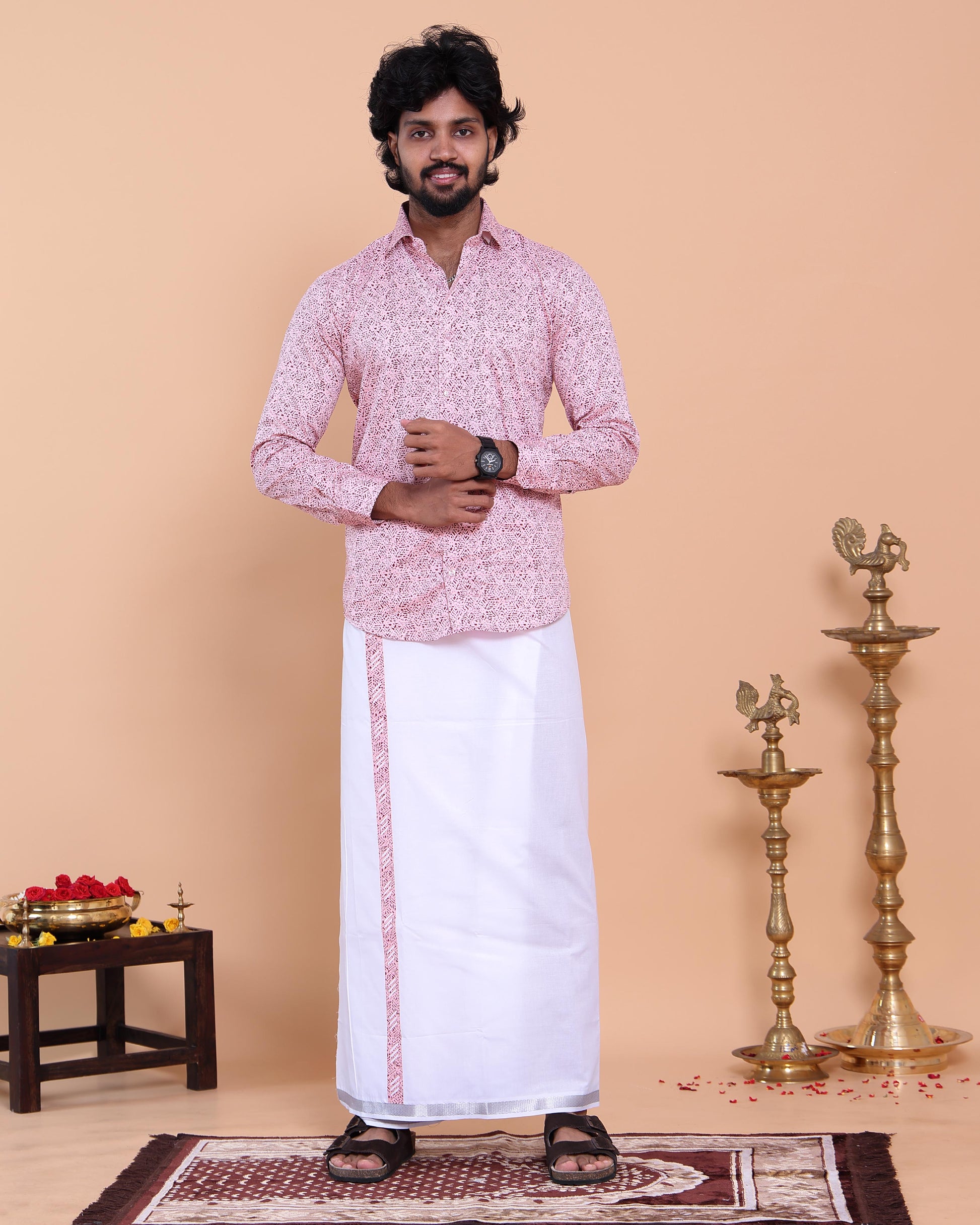 Men's Full Sleeve Shirt and Traditional Dhoti Set with Woven Border - Pink