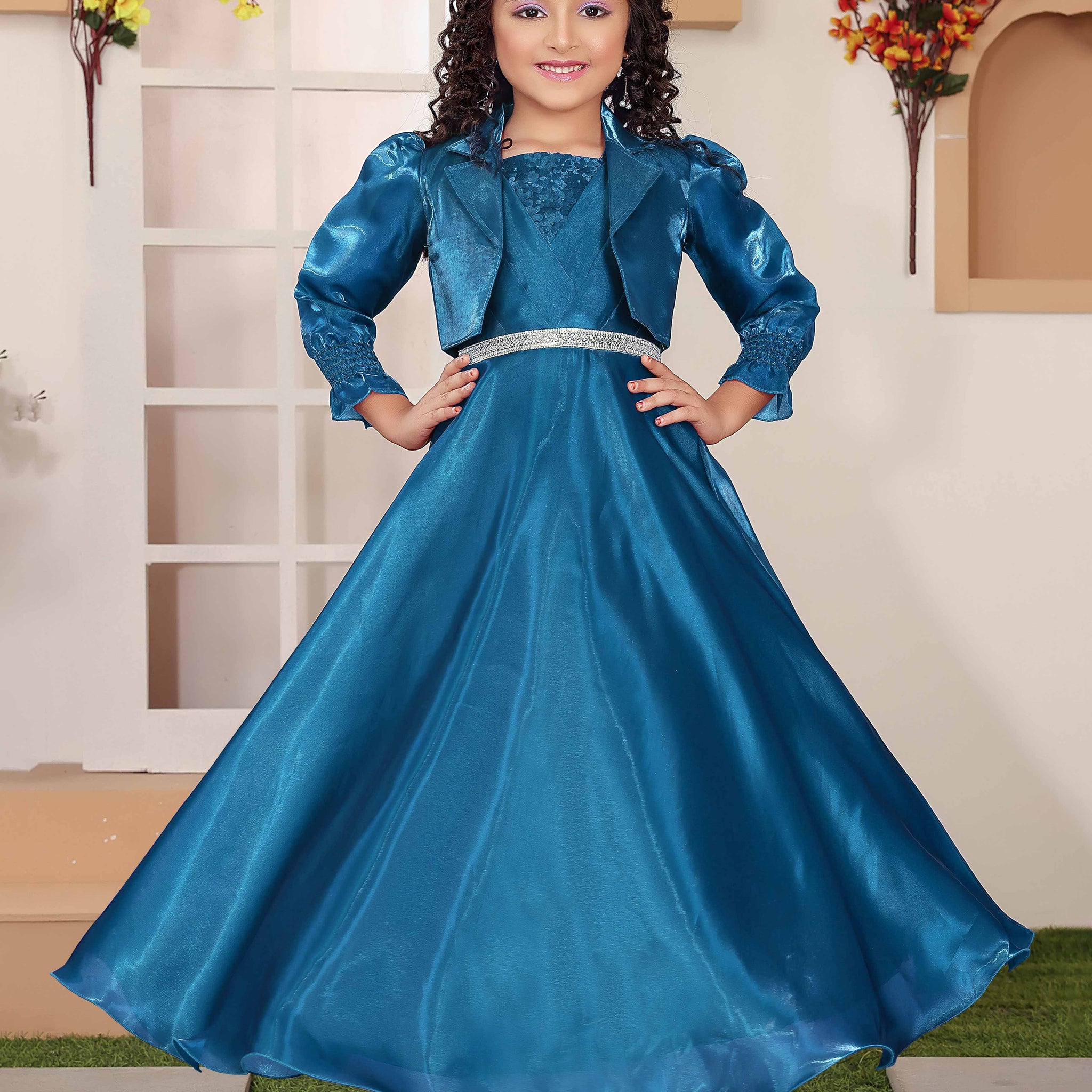 Teal Blue Colour Girls Western Wear Set
