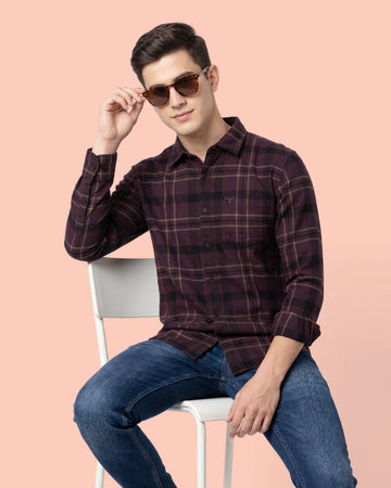 Nativebull Men’s Slim Fit Checked Full Sleeve Casual Shirt with Button Down Collar - Purple