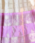 Girls' Classic Traditional Pattu Dhavani Set with Puff Sleeves - Cream-Side -Close