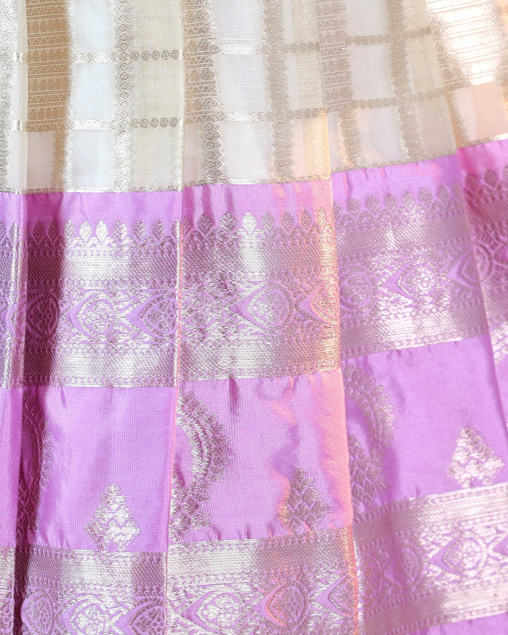 Girls' Classic Traditional Pattu Dhavani Set with Puff Sleeves - Cream-Side -Close