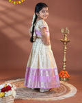 Girls' Classic Traditional Pattu Dhavani Set with Puff Sleeves - Cream-Side -IMAGE