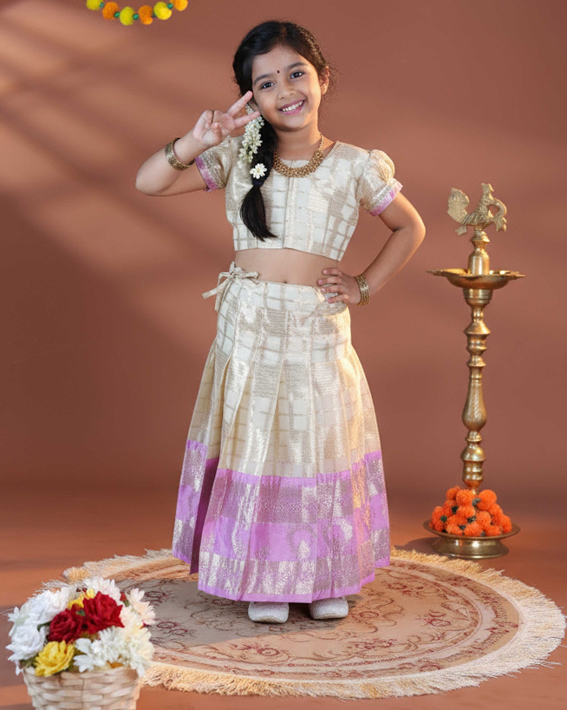 Girls' Classic Traditional Pattu Dhavani Set with Puff Sleeves - Cream