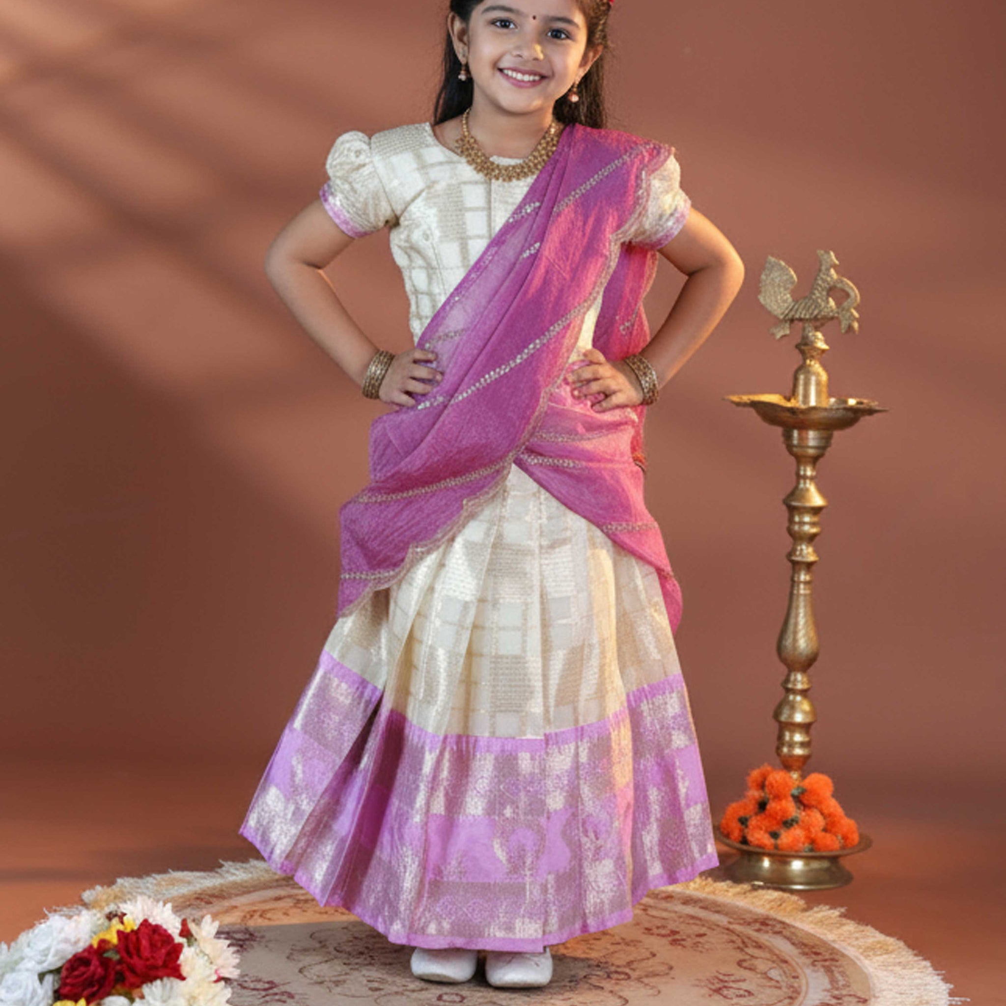 Girls' Classic Traditional Pattu Dhavani with Puff Sleeves - Cream