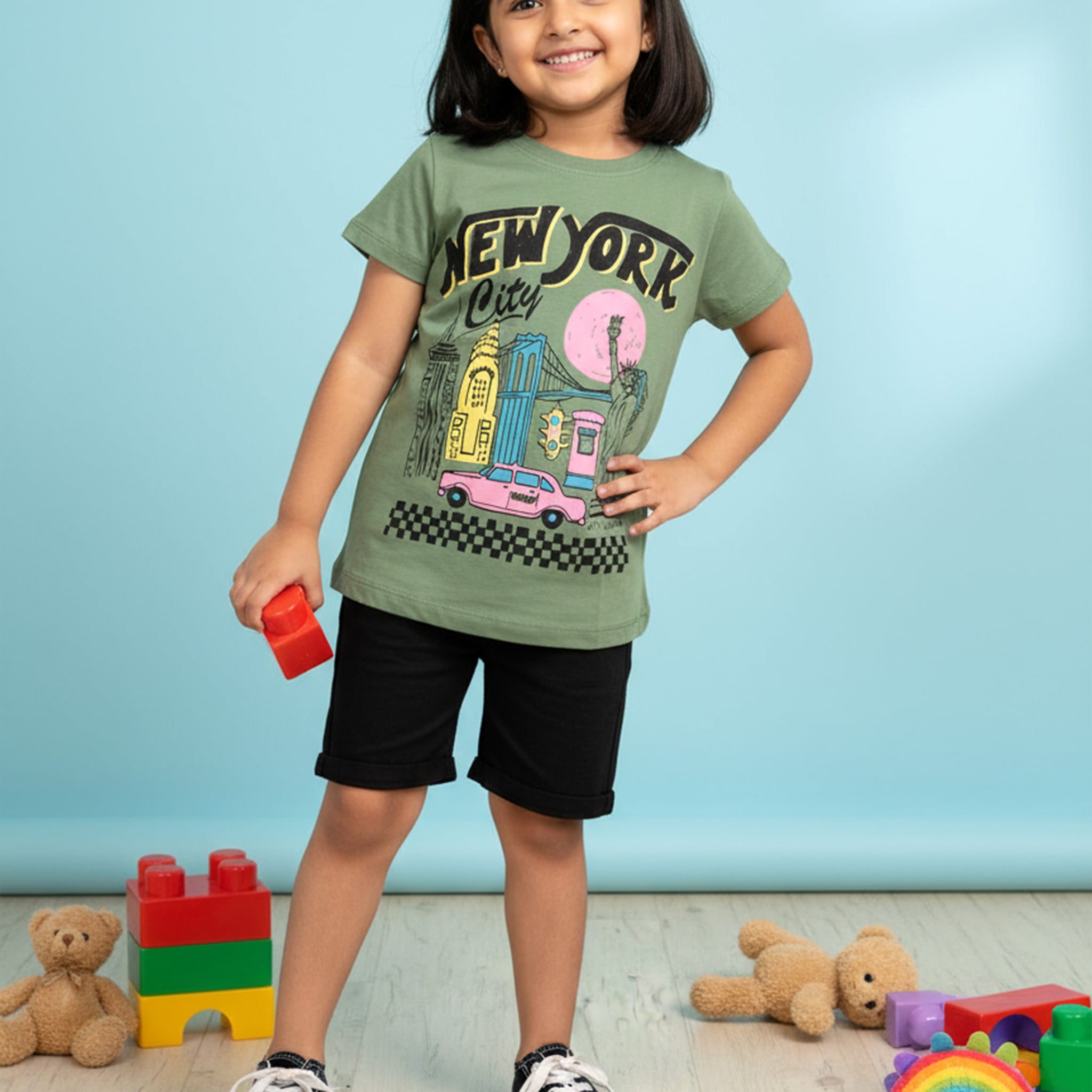 Girls' Graphic Print Crew Neck T-Shirt -Dark Green
