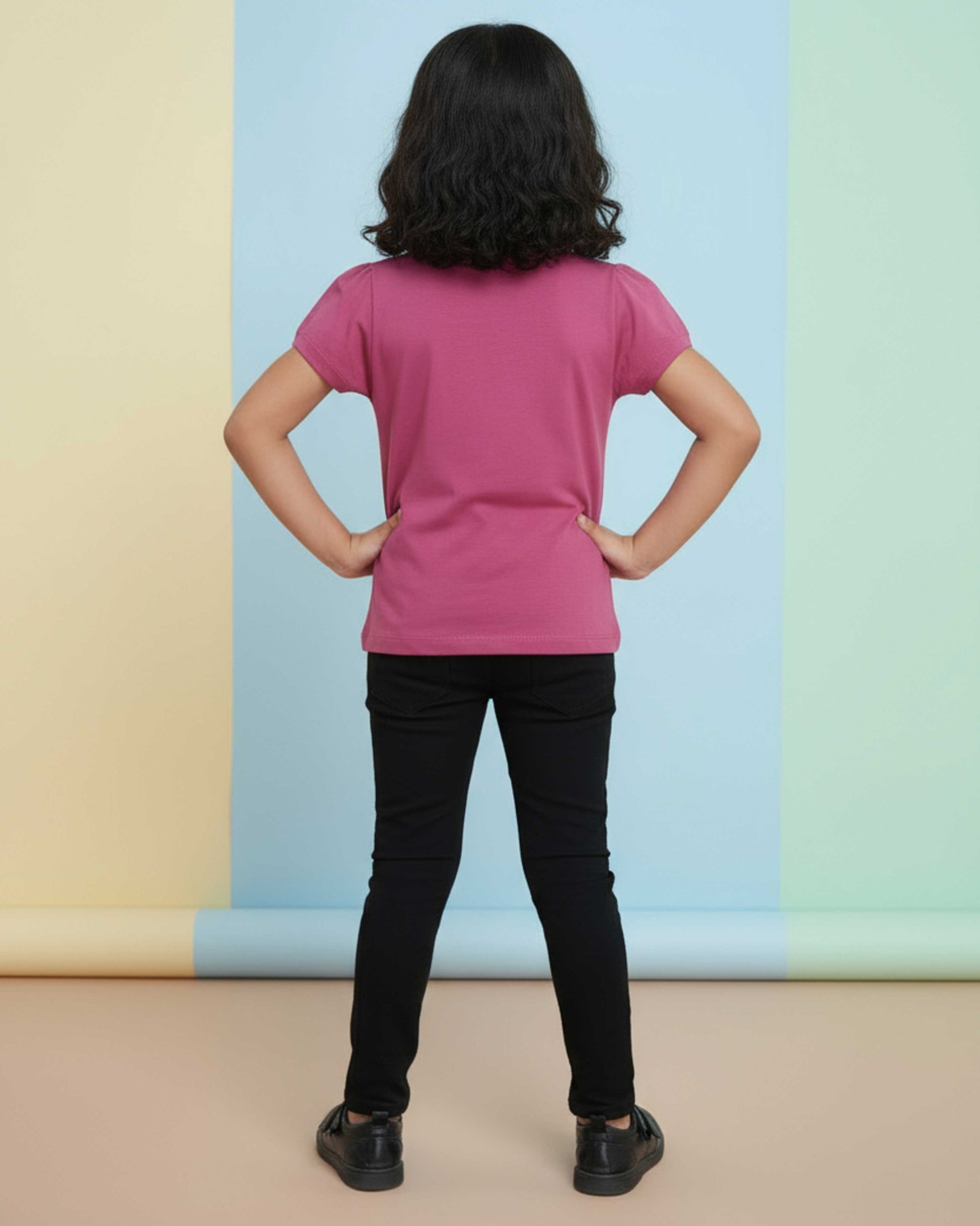 Girls' Graphic Print Crew Neck T-Shirt -Onion Pink-Back