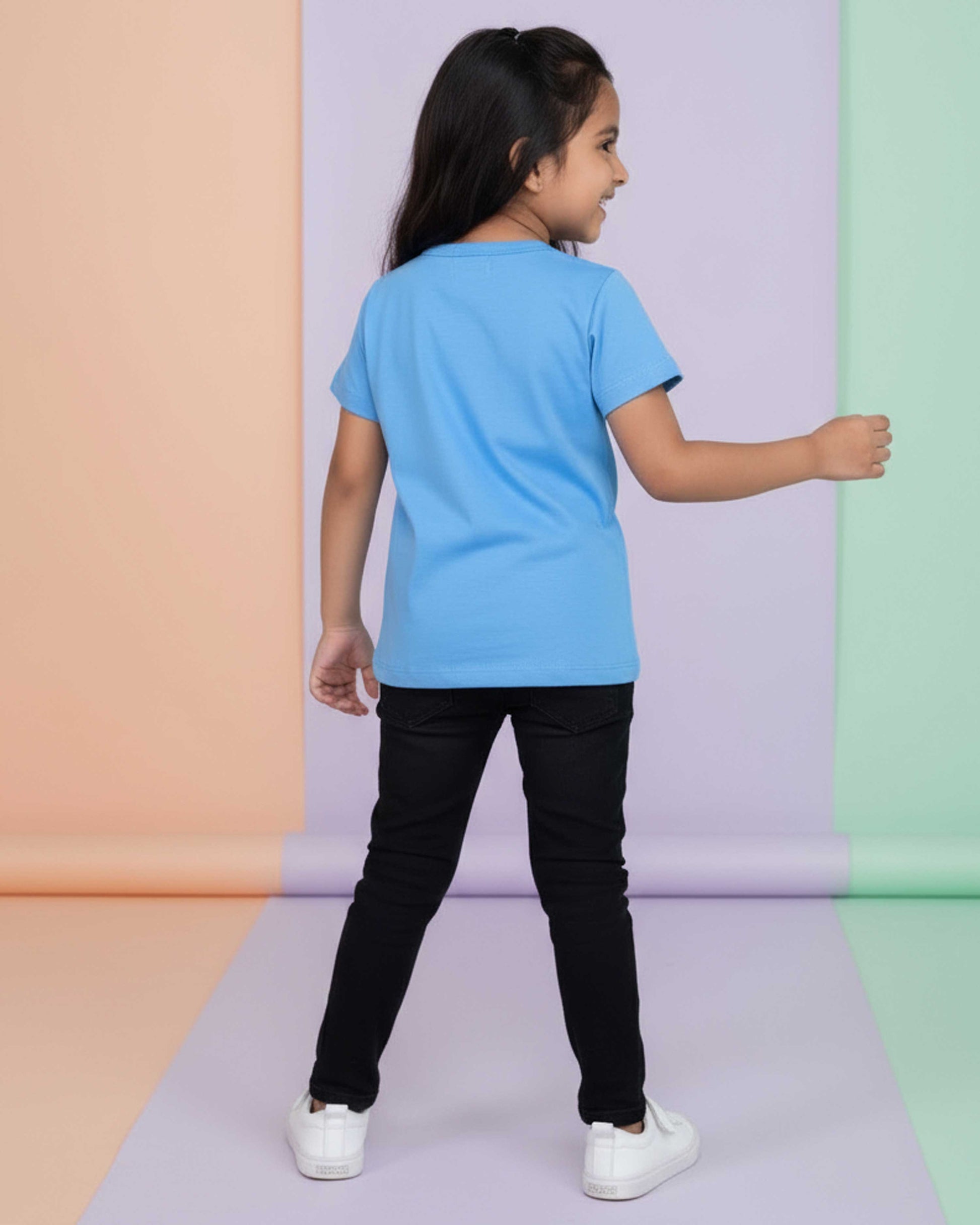 Girls' Graphic Print Crew Neck T-Shirt - Blue-Back