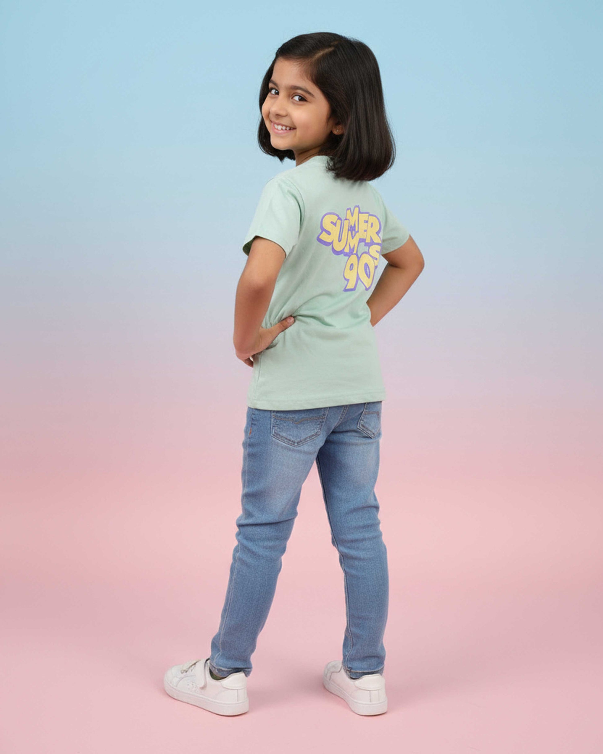 Girls' Graphic Print Crew Neck T-Shirt - Green-Back