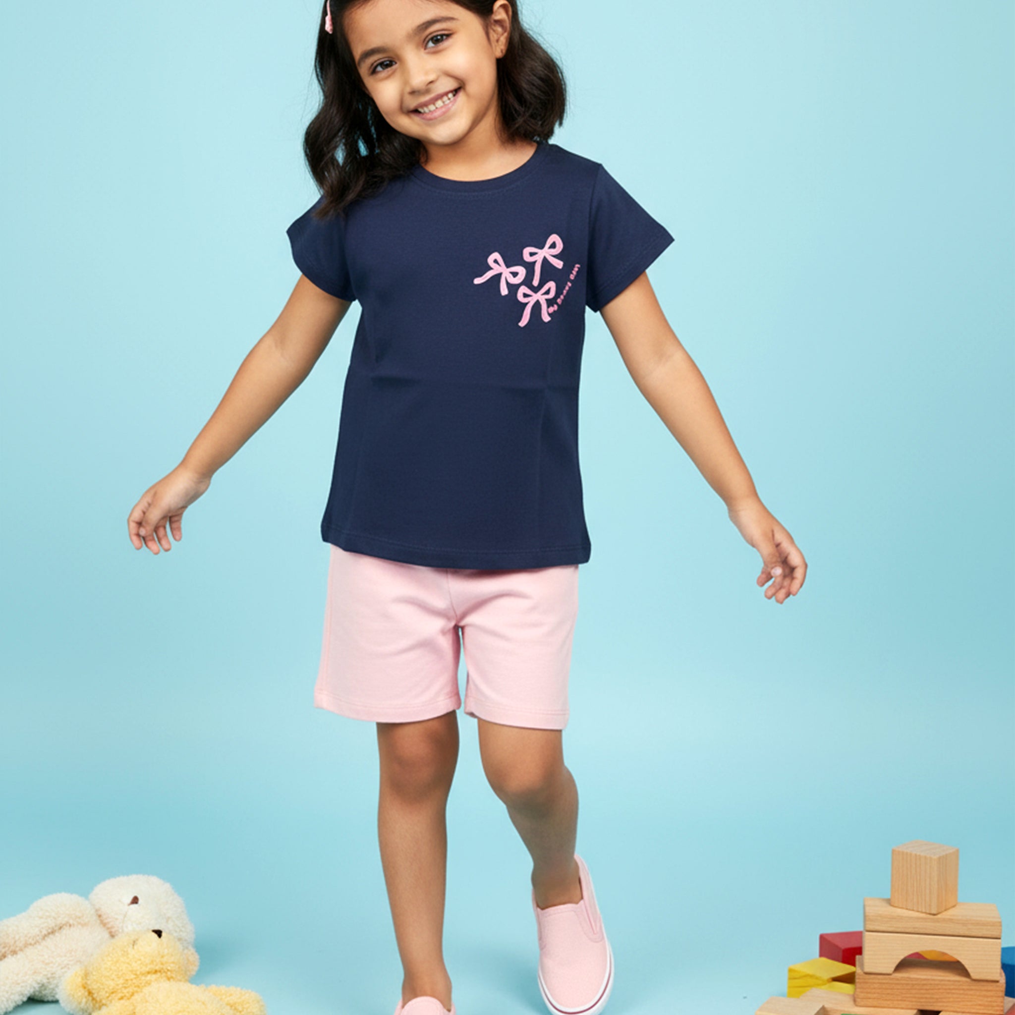Girls' Graphic Print Crew Neck T-Shirt - Navy Blue