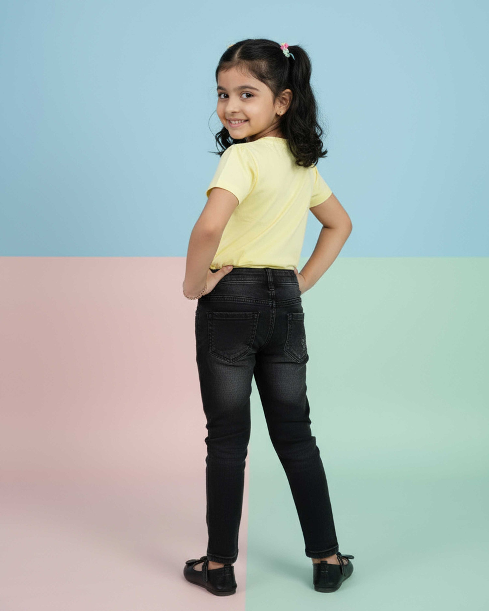 Girls' Graphic Print Crew Neck T-Shirt - Yellow-Back