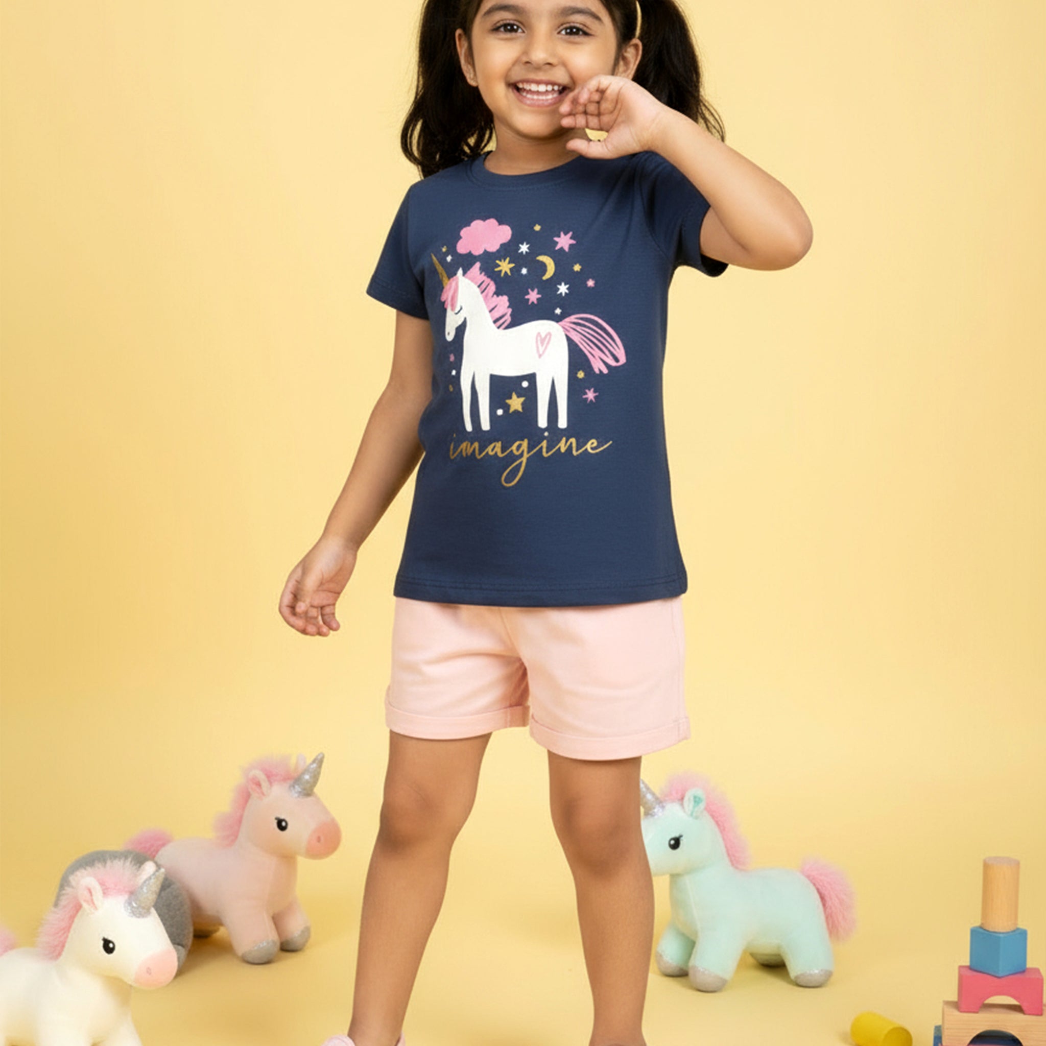 Girls' Graphic Print Round Neck T-Shirt -Blue