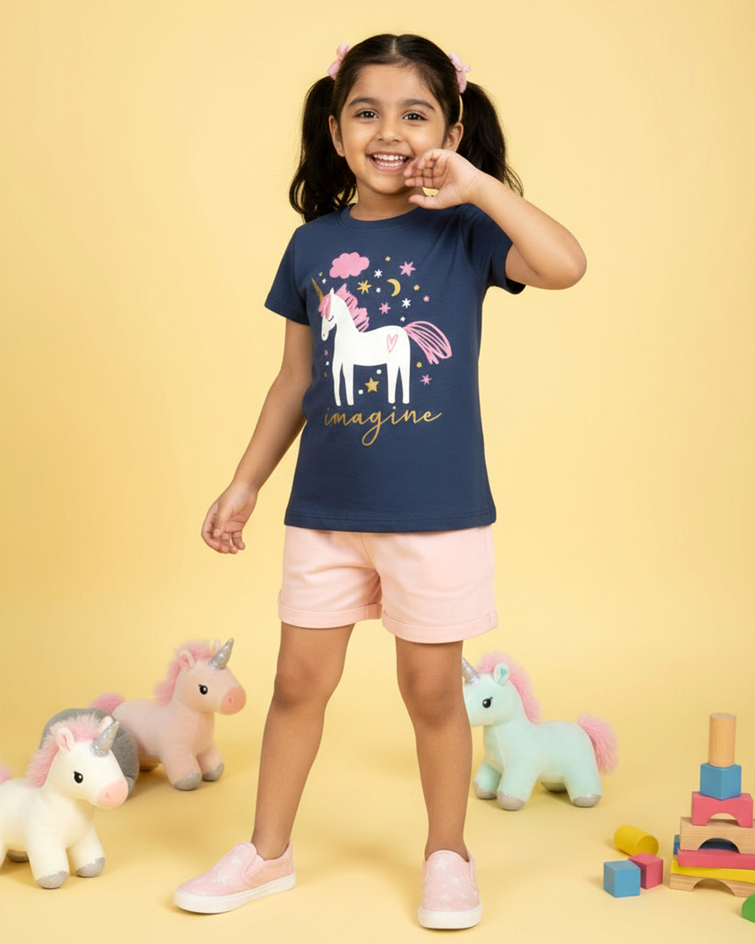 Girls' Graphic Print Round Neck T-Shirt -Blue