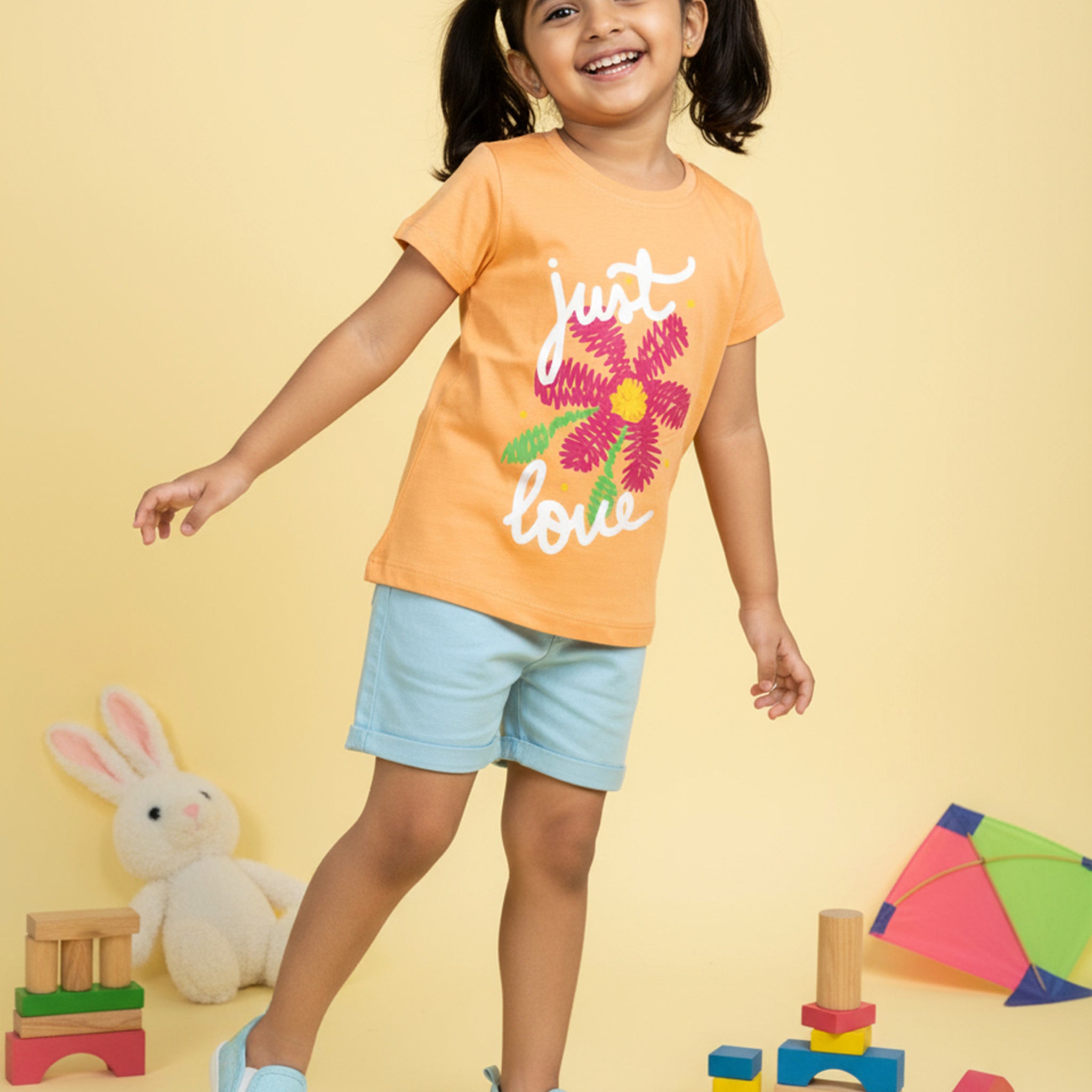 Girls' Graphic Print Round Neck T-Shirt -Orange