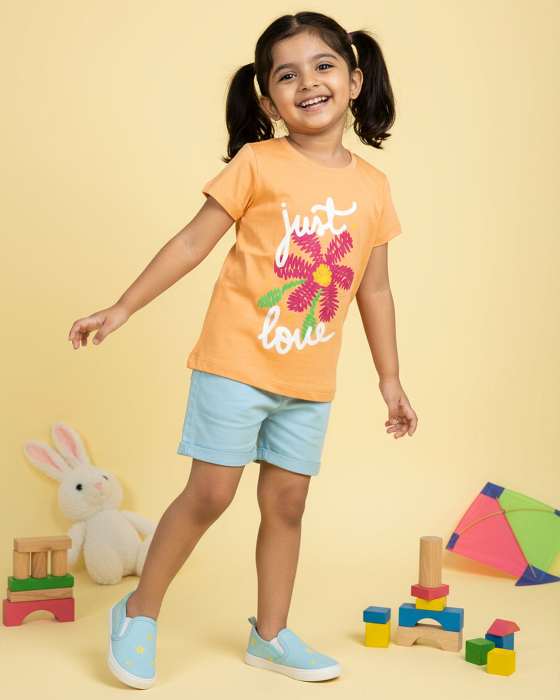Girls' Graphic Print Round Neck T-Shirt -Orange