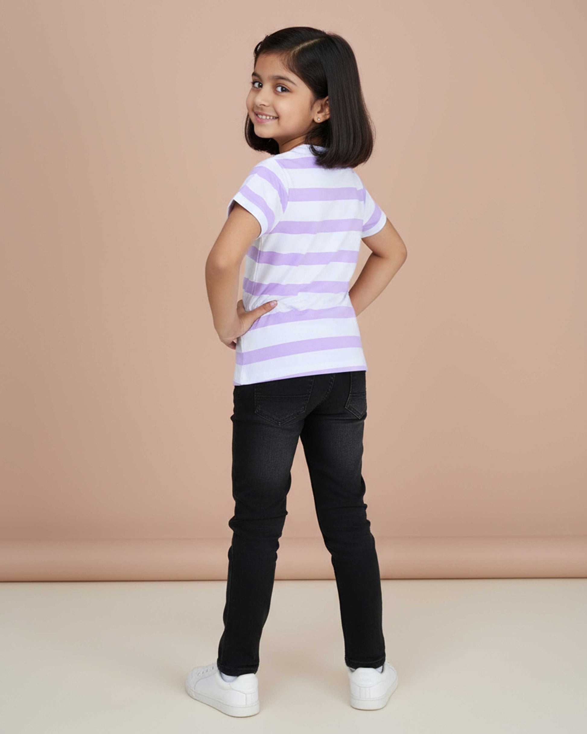 Girls' Graphic Print & Striped Crew Neck T-Shirt - Multi-Back