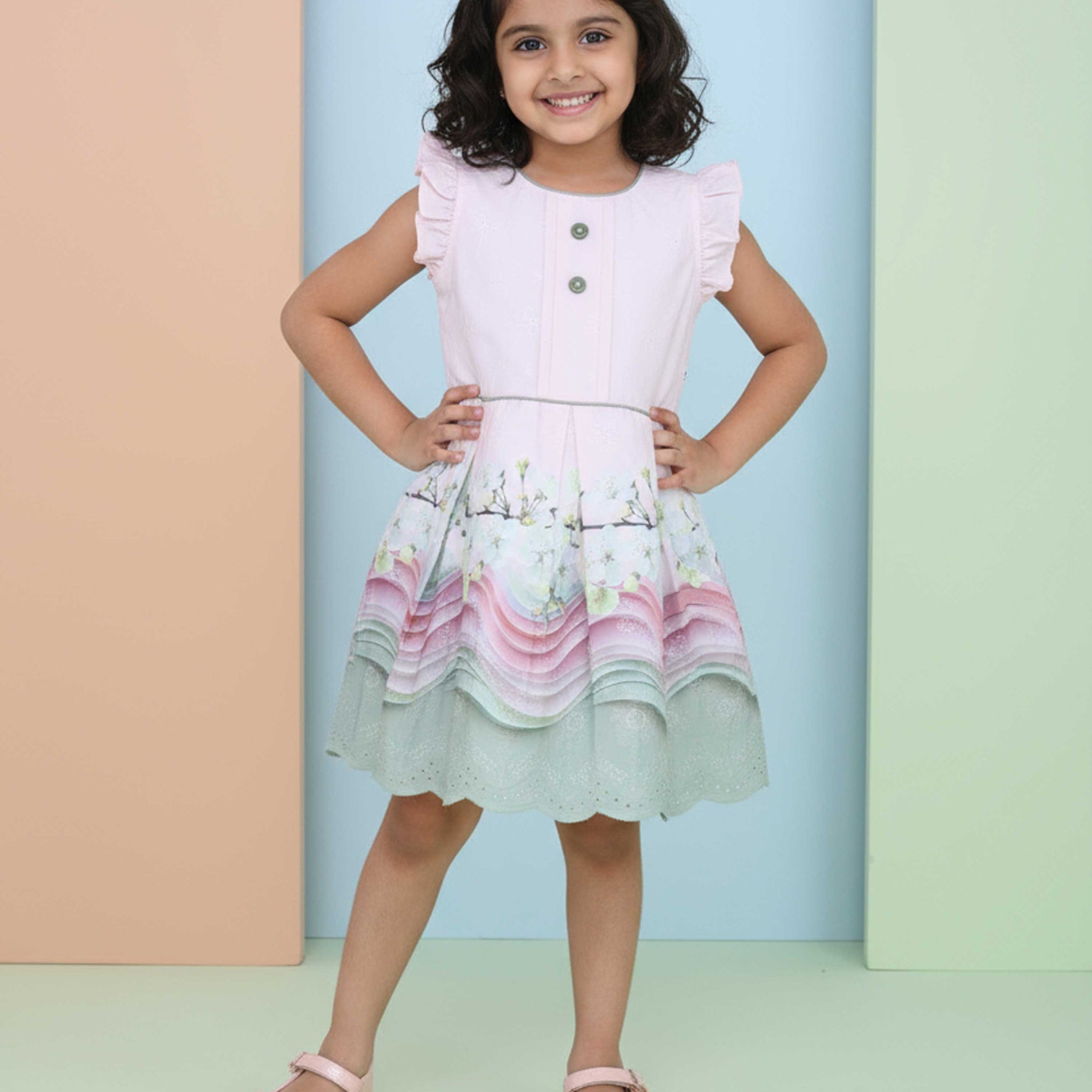 Girls' Ruffled Sleeve Pleated Fit & Flare Frock with Printed Skirt - Pink