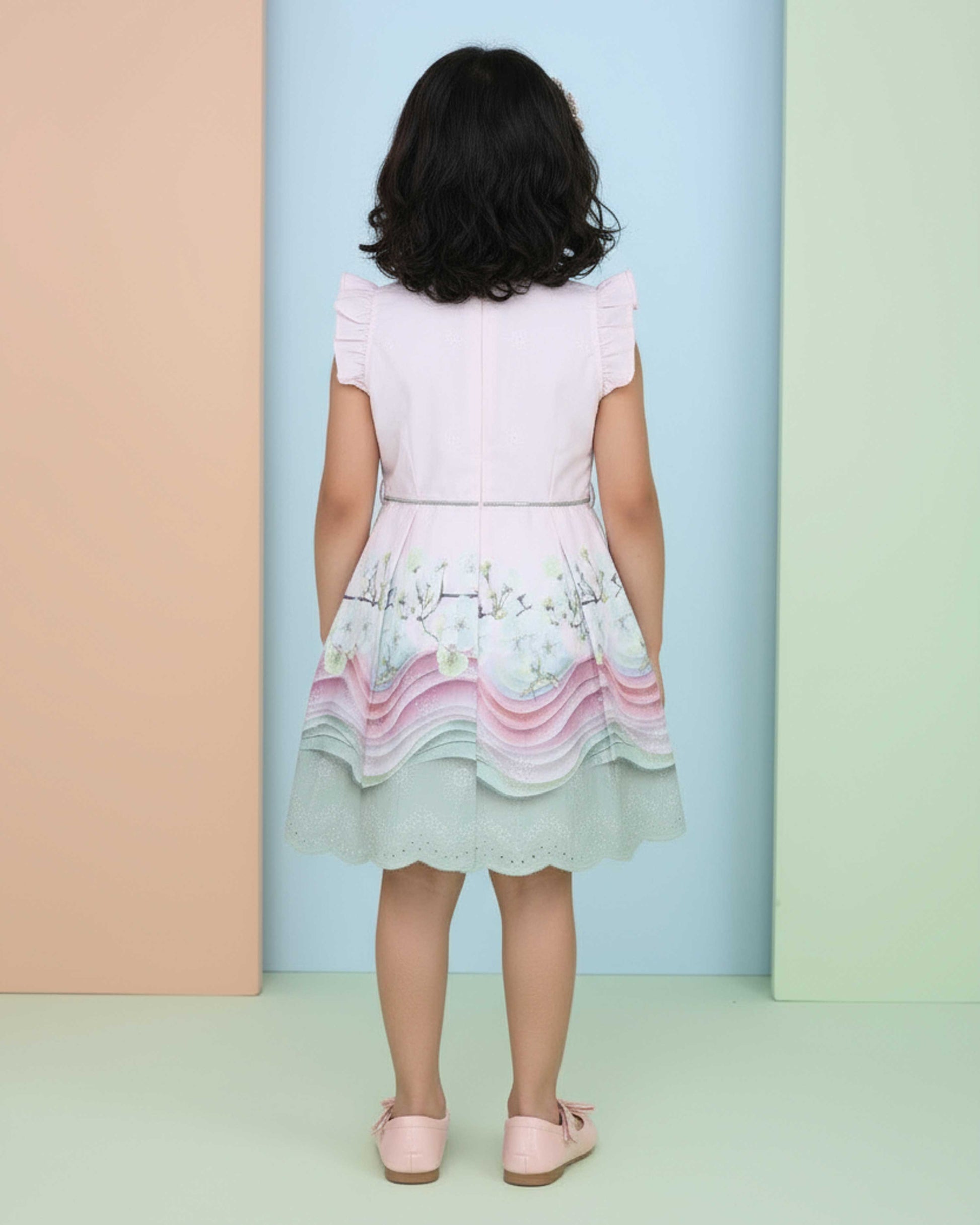 Girls' Ruffled Sleeve Pleated Fit & Flare Frock with Printed Skirt - Pink - Close-Back