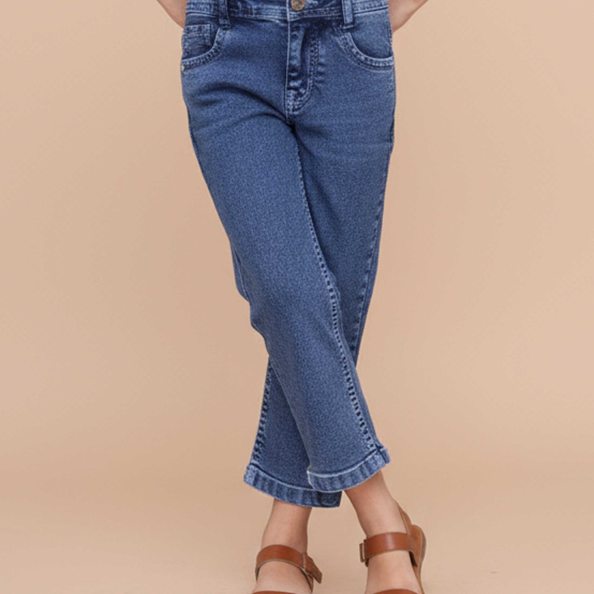 Stylish Girls Solid Design Denim Jeans - Blue