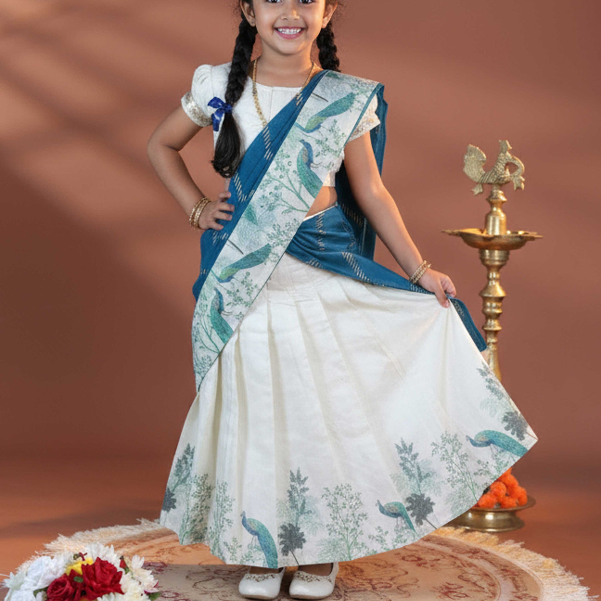 Girls' Traditional Dhavani Set with Attachable Traditional Dupatta and Peacock Embellishments - Cream