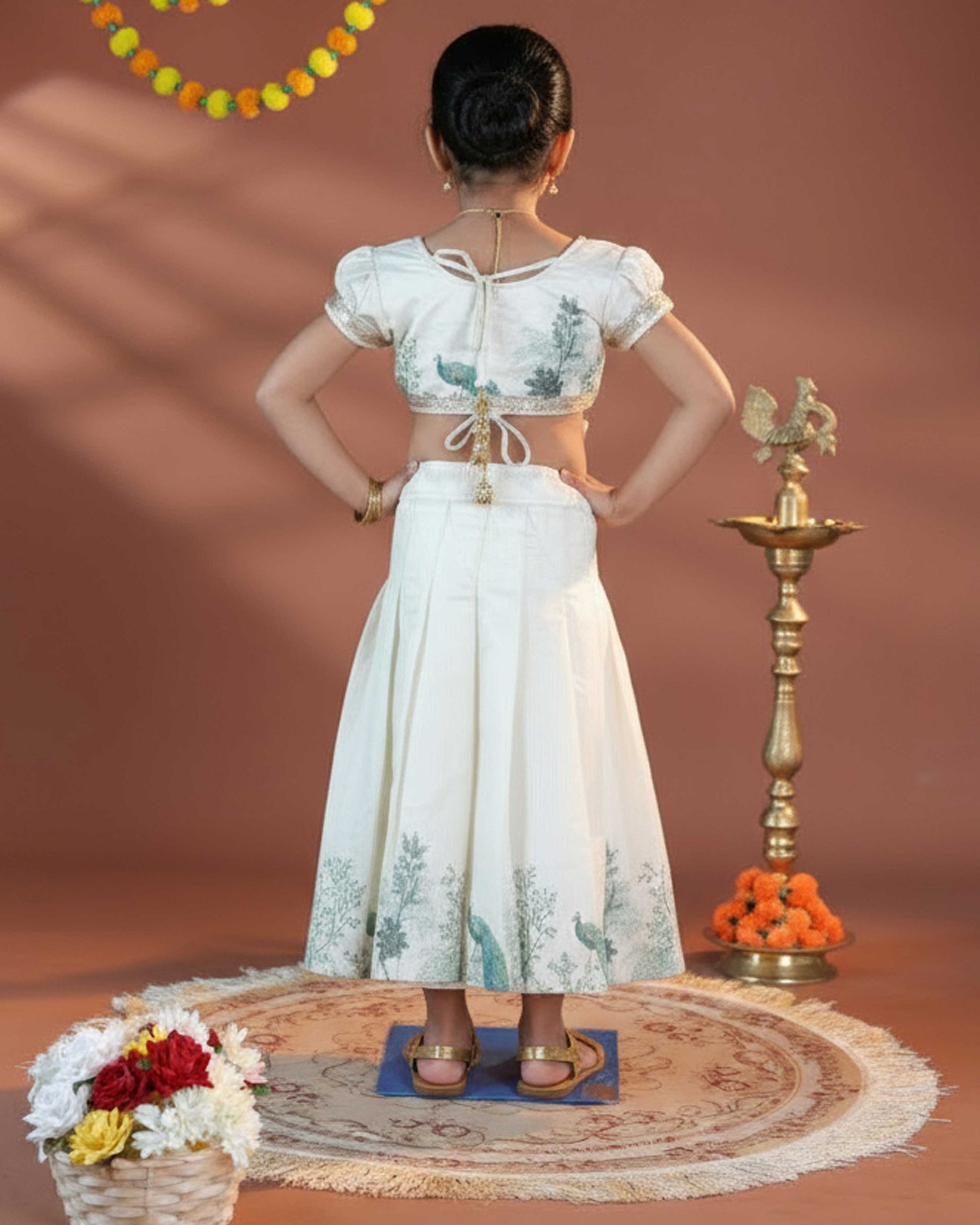 Girls' Traditional Dhavani Set with Attachable and Peacock Embellishments - Cream-Back