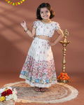 Girls' Traditional Dhavani Set with Intricate Embroidery and Printed Detailing - Cream
