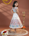 Girls' Traditional Dhavani Set with Intricate Embroidery and Printed Detailing - Cream-Side