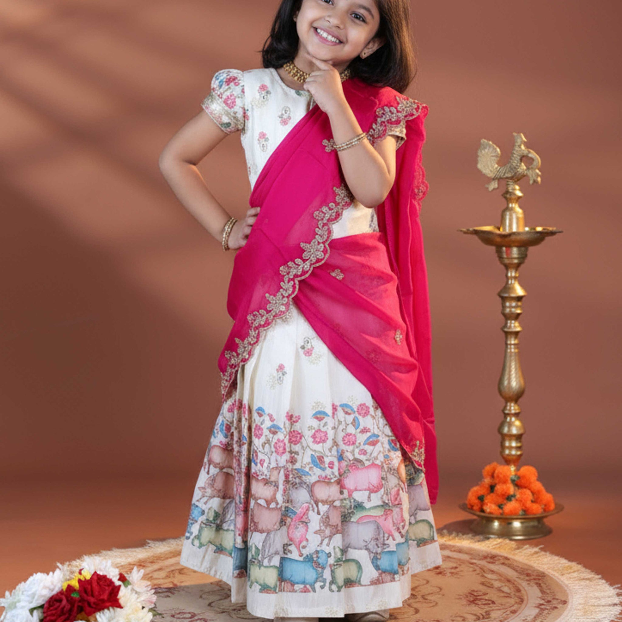 Girls' Traditional Dhavani Set with Intricate Embroidery and Printed Detailing - Cream
