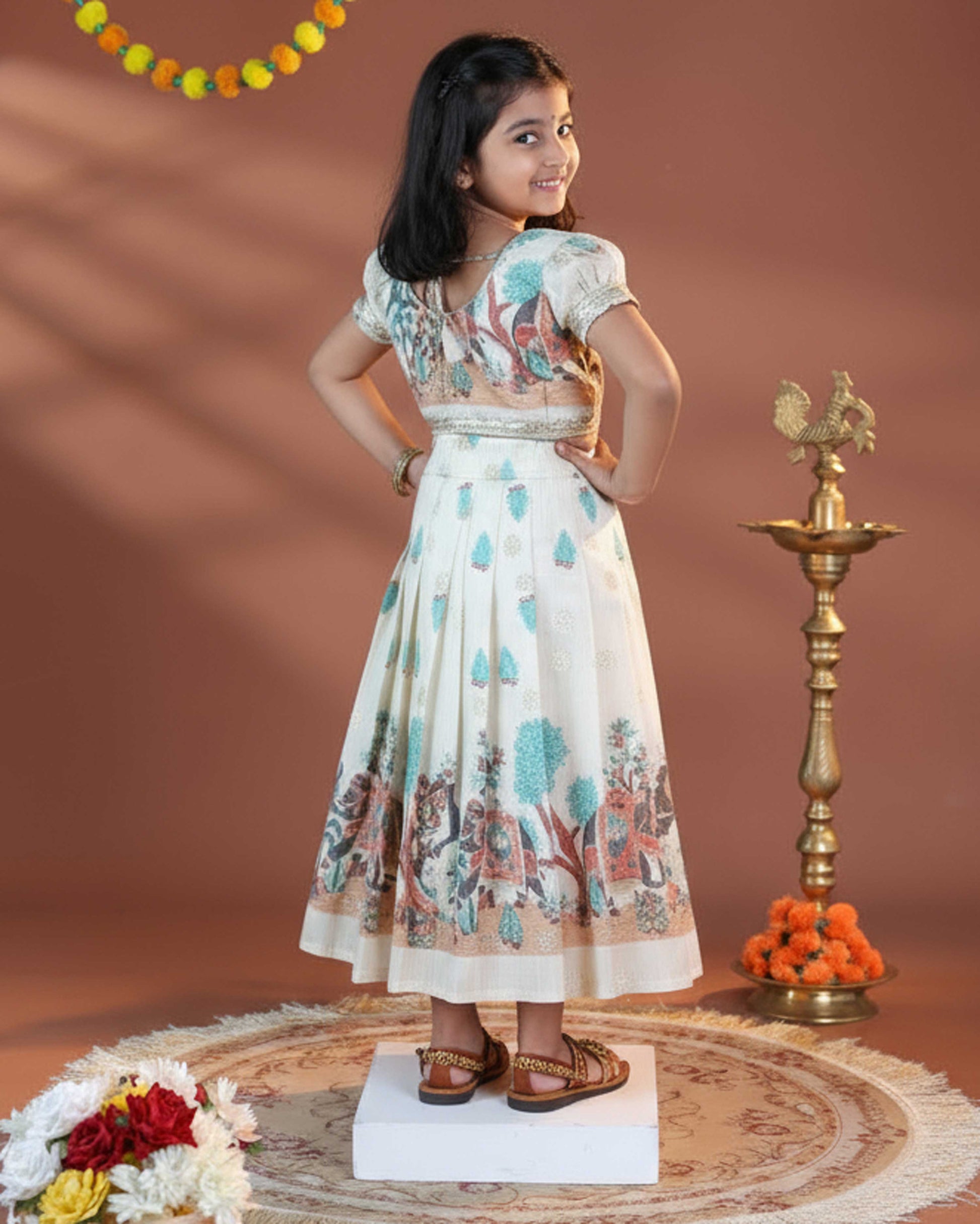 Girls' Traditional Dhavani Set with Kalamkari-Style Printed Skirt and Embellished Dupatta - Cream-Back