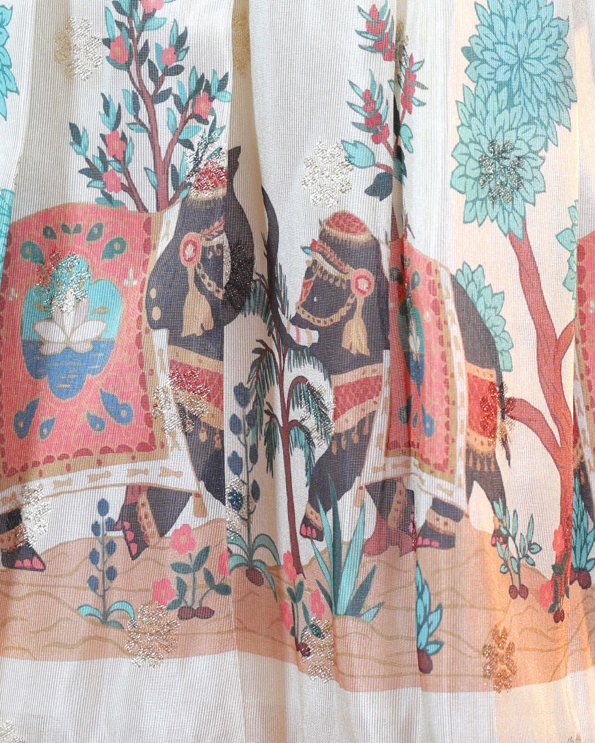 Girls' Traditional Dhavani Set with Kalamkari-Style Printed Skirt and Embellished Dupatta - Cream-Close