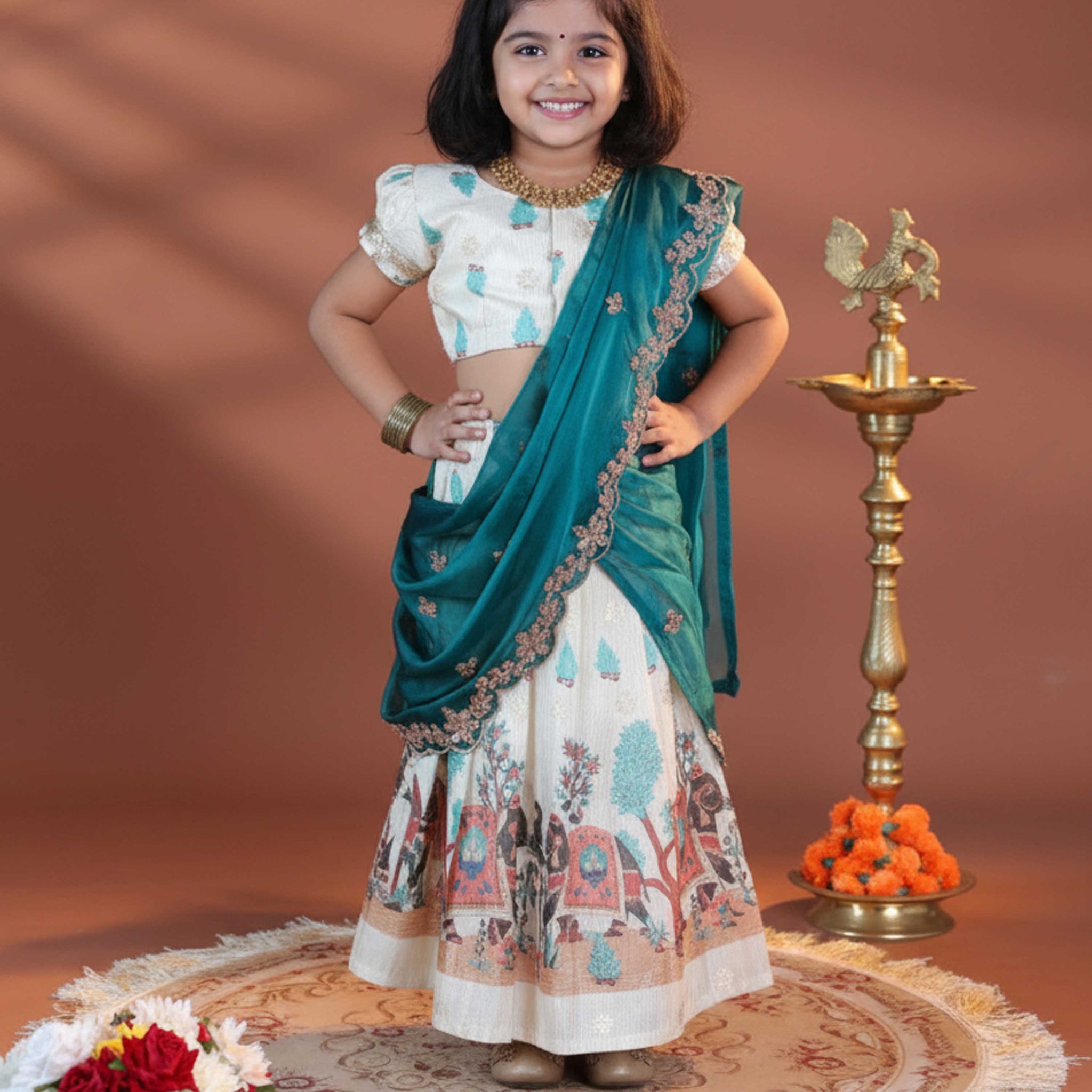 Girls' Traditional Dhavani Set with Kalamkari-Style Printed Skirt and Embellished Dupatta - Cream